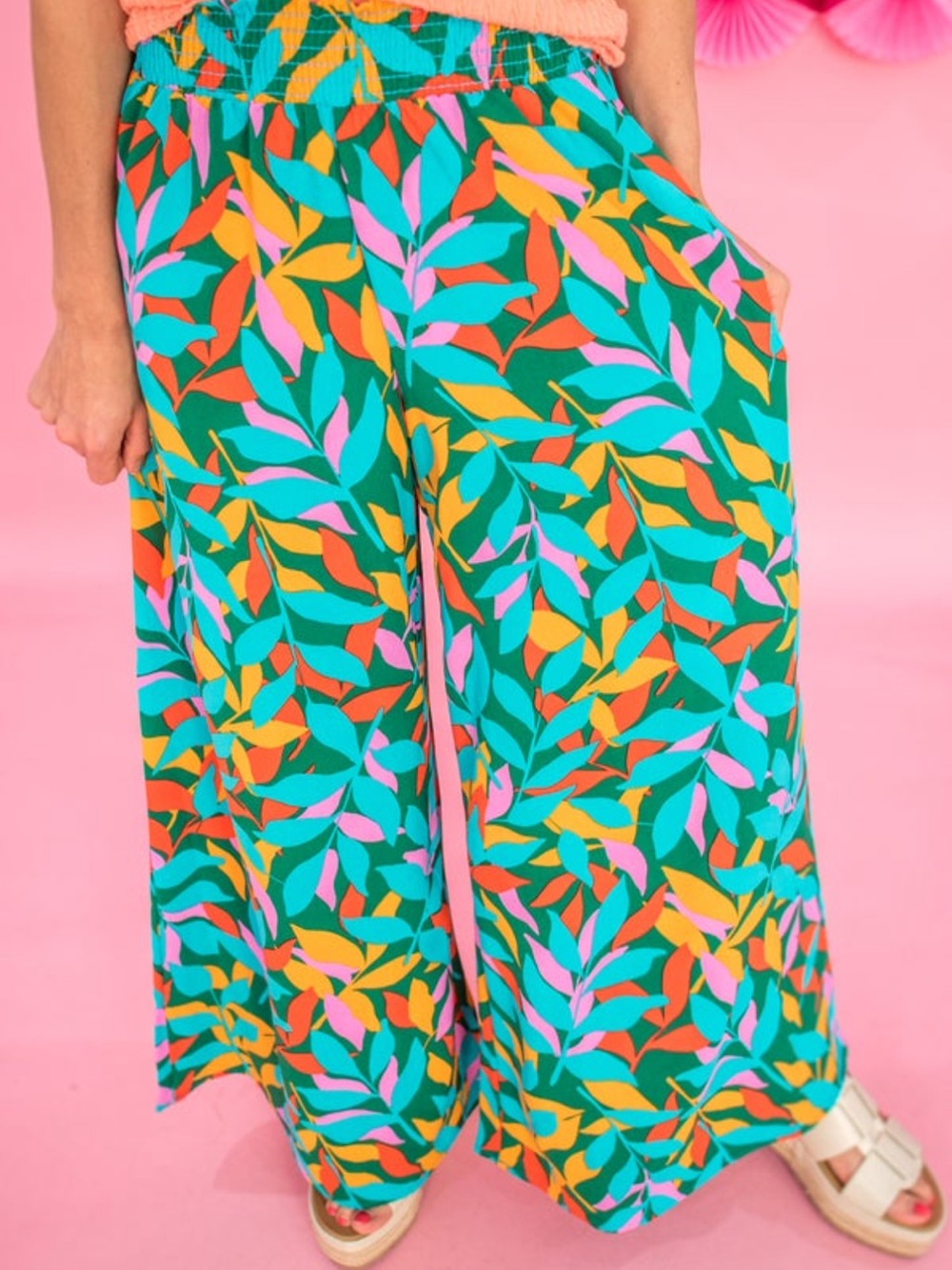 Vibrant Leaf Print Wide-Leg Pants - Teal Multi